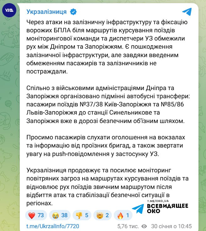 Обмеження руху потягів між Дніпром та Запоріжжям